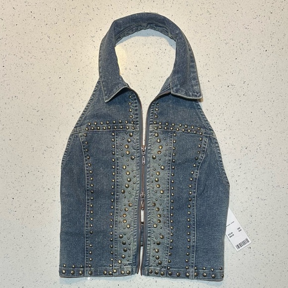 NWT studded open-back cropped denim vest top by Urban Outfitters / NEW - Picture 2 of 16